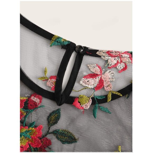Floral Ruffle Cuff Embroidery Mesh Sheer Top - Picture 6 of 8